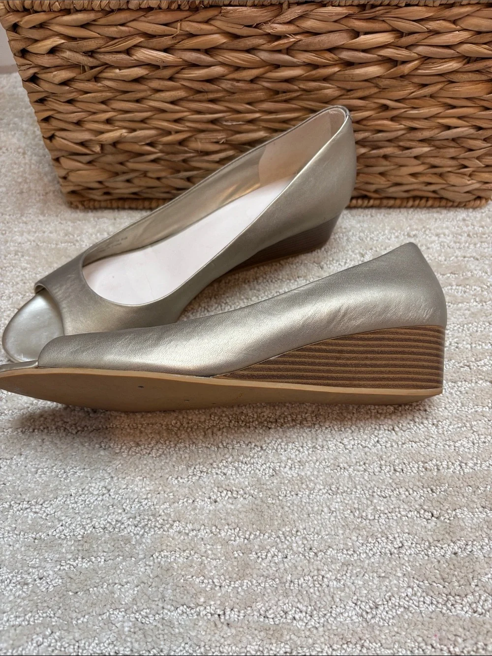 Cole Haan Metallic Gold Peep-Toe Wedge Heels Size 9.5 EUC